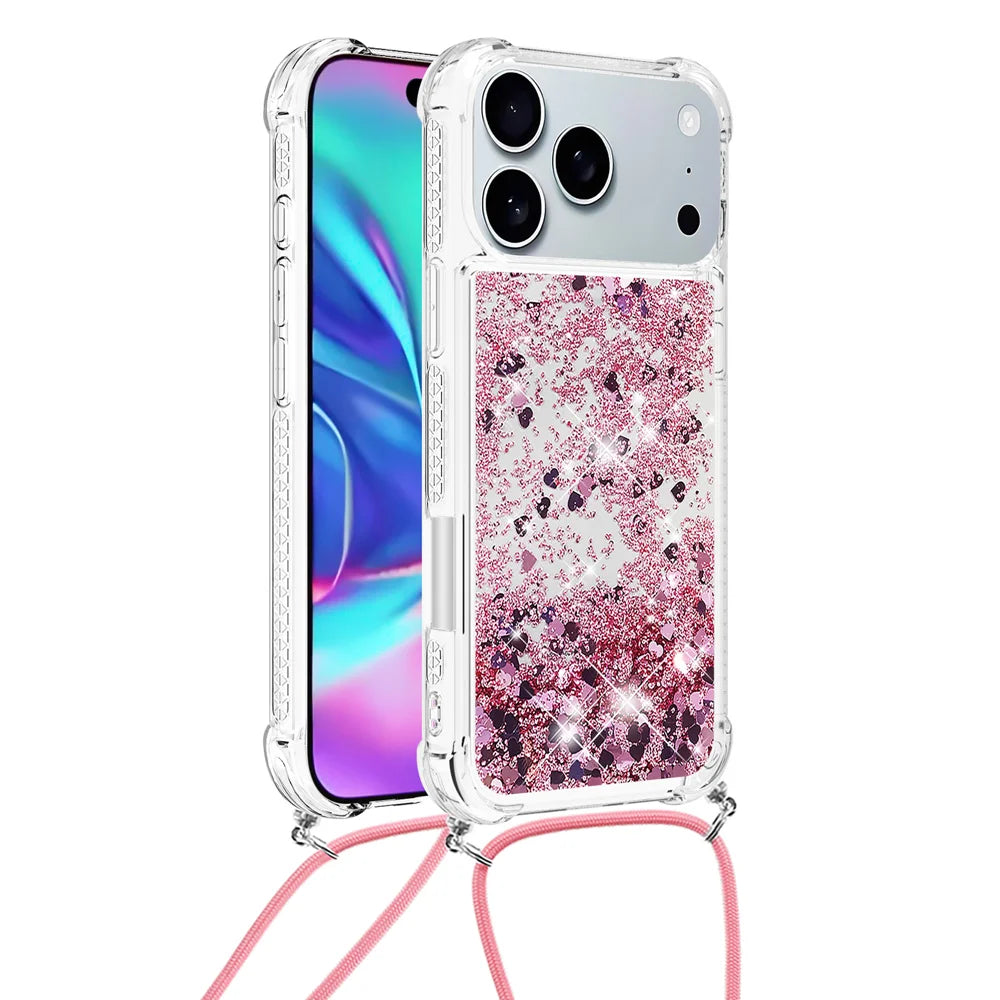 For iPhone 18 Pro Max / 17 Pro Max TPU Case Quicksand Phone Cover with Lanyard - Rose Gold / Hearts - 2