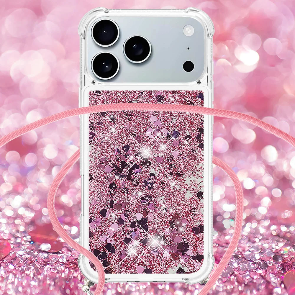 For iPhone 18 Pro Max / 17 Pro Max TPU Case Quicksand Phone Cover with Lanyard - Rose Gold / Hearts - 4