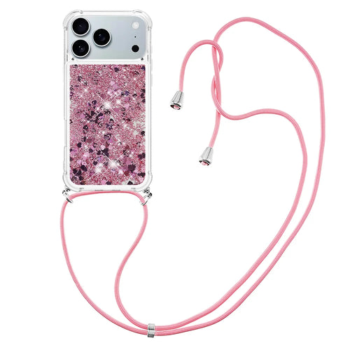 For iPhone 18 Pro / 17 Pro TPU Case Quicksand Phone Cover with Lanyard - Rose Gold / Hearts - 1