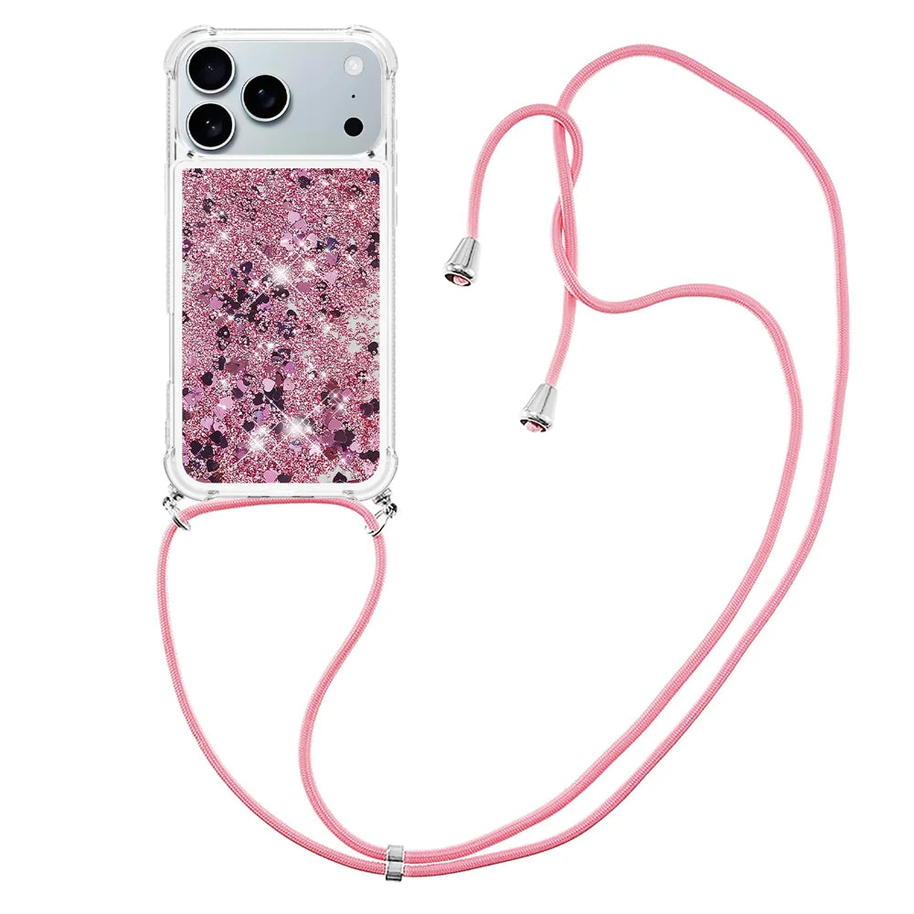 For iPhone 18 Pro / 17 Pro TPU Case Quicksand Phone Cover with Lanyard - Rose Gold / Hearts - 1