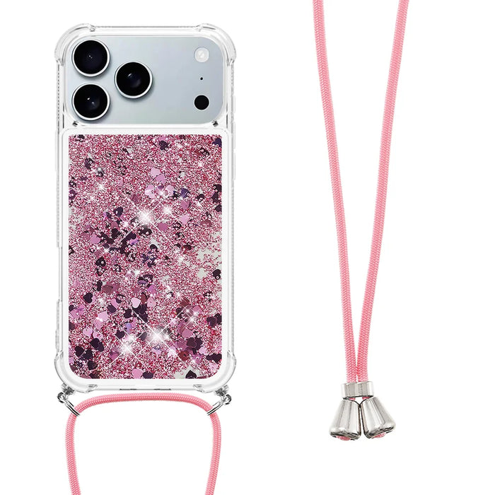 For iPhone 18 Pro / 17 Pro TPU Case Quicksand Phone Cover with Lanyard - Rose Gold / Hearts - 3