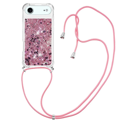 For iPhone Air TPU Case Quicksand Phone Cover with Lanyard - Rose Gold / Hearts - 1