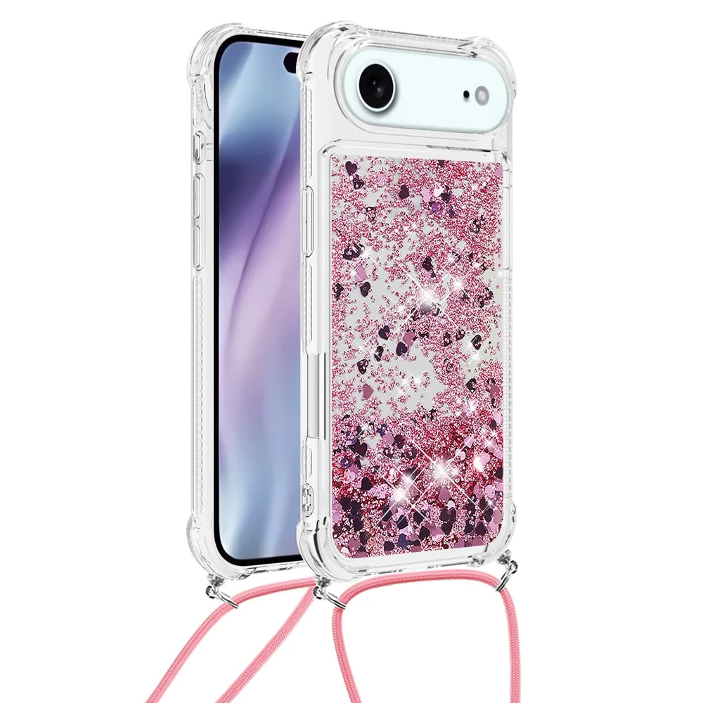 For iPhone Air TPU Case Quicksand Phone Cover with Lanyard - Rose Gold / Hearts - 2