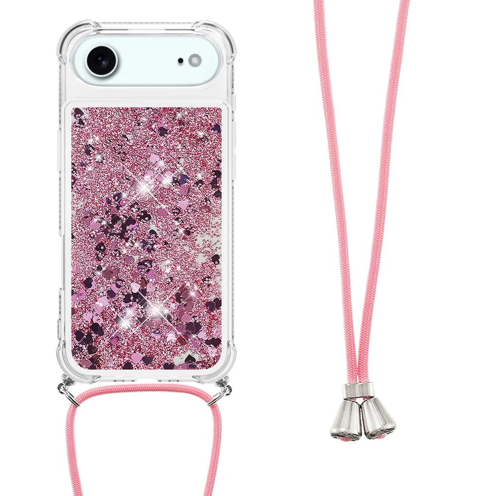 For iPhone Air TPU Case Quicksand Phone Cover with Lanyard - Rose Gold / Hearts - 3