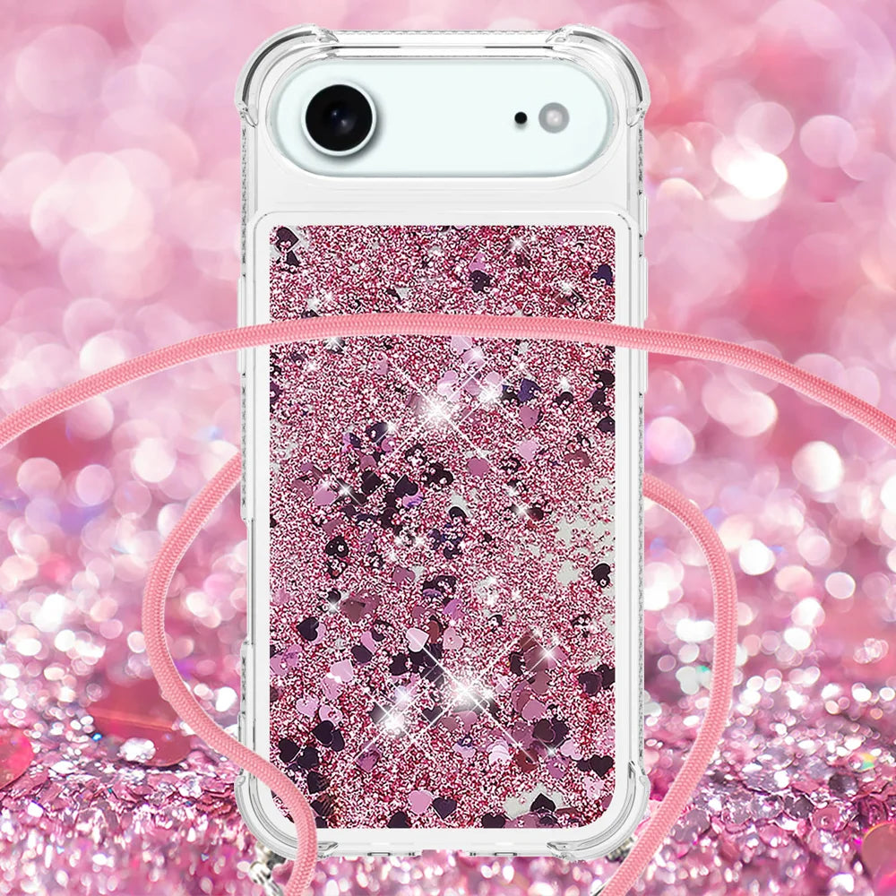 For iPhone Air TPU Case Quicksand Phone Cover with Lanyard - Rose Gold / Hearts - 4