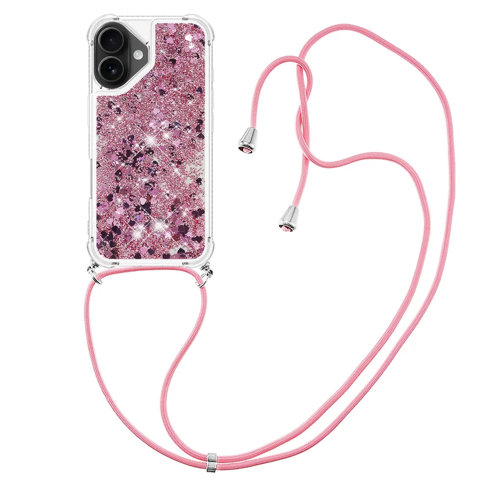 For iPhone 17 TPU Case Quicksand Phone Cover with Lanyard - Rose Gold / Hearts - 1