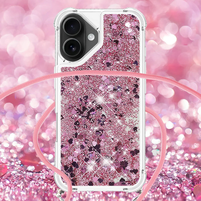 For iPhone 17 TPU Case Quicksand Phone Cover with Lanyard - Rose Gold / Hearts - 4