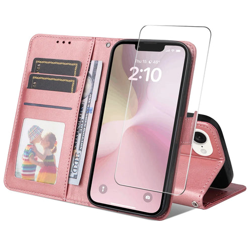 ENKAY HAT PRINCE For iPhone 17e / 16e PU Leather Wallet Case   Phone Stand Cover with Tempered Glass - Pink - 1