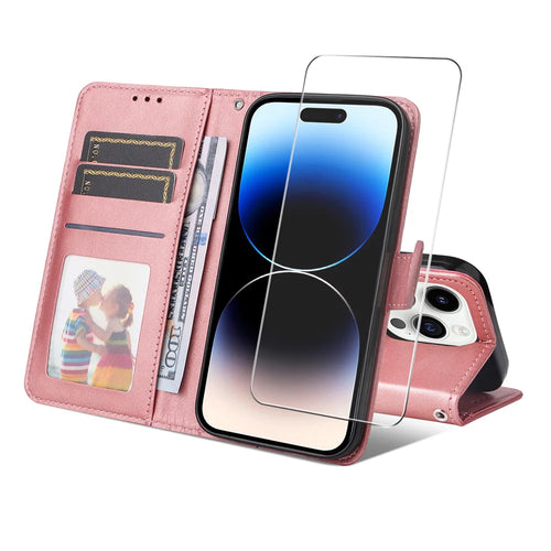 ENKAY HAT PRINCE For iPhone 16 Pro PU Leather Wallet Case   Phone Stand Cover with Tempered Glass - Pink - 1