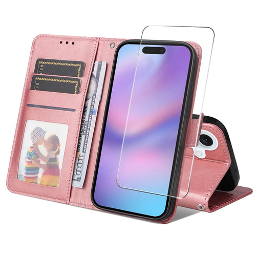 ENKAY HAT PRINCE For iPhone 16 PU Leather Wallet Case   Phone Stand Cover with Tempered Glass - Pink - 1