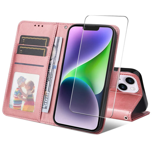 ENKAY HAT PRINCE For iPhone 15 Plus PU Leather Wallet Case   Phone Stand Cover with Tempered Glass - Pink - 1
