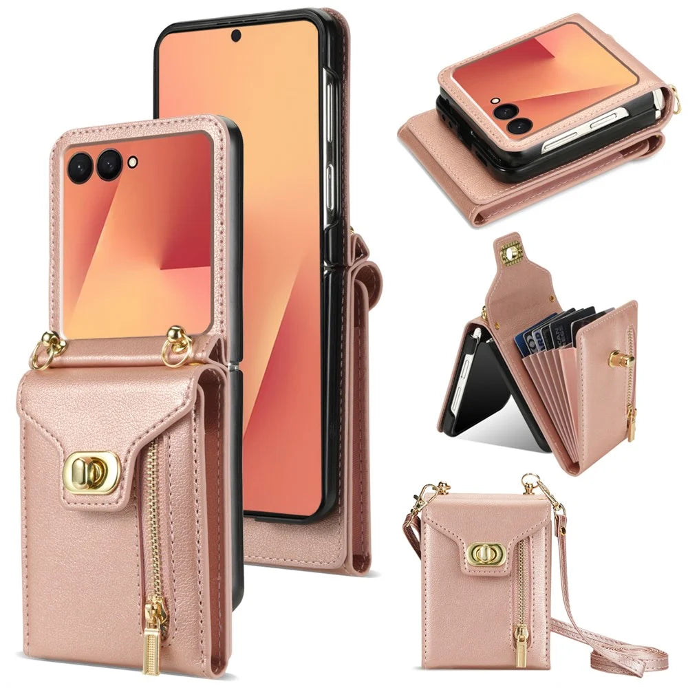 For Samsung Galaxy Z Flip7 5G Case Zipper Wallet Design PU PC Phone Cover with Long Strap - Rose Gold - 1