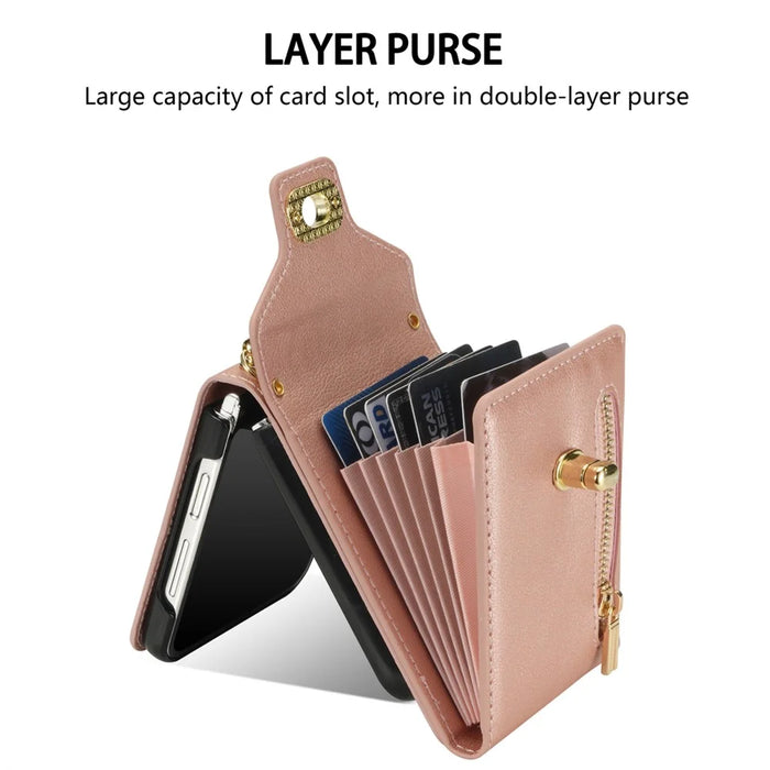 For Samsung Galaxy Z Flip7 5G Case Zipper Wallet Design PU PC Phone Cover with Long Strap - Rose Gold - 3