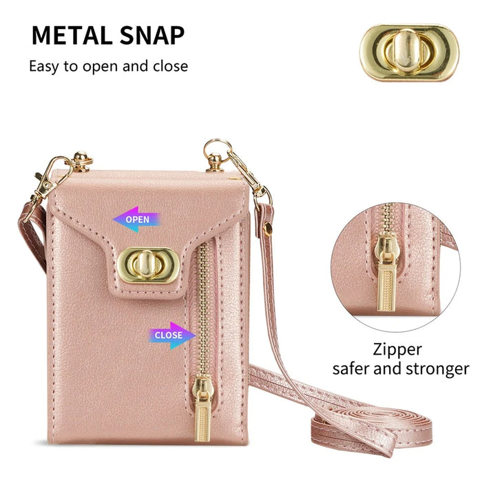 For Samsung Galaxy Z Flip7 5G Case Zipper Wallet Design PU PC Phone Cover with Long Strap - Rose Gold - 4