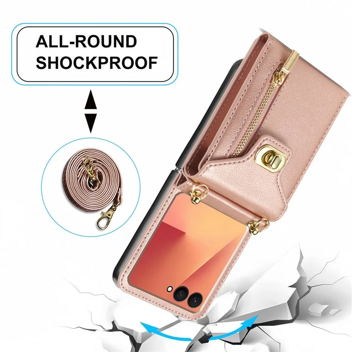 For Samsung Galaxy Z Flip7 5G Case Zipper Wallet Design PU PC Phone Cover with Long Strap - Rose Gold - 5