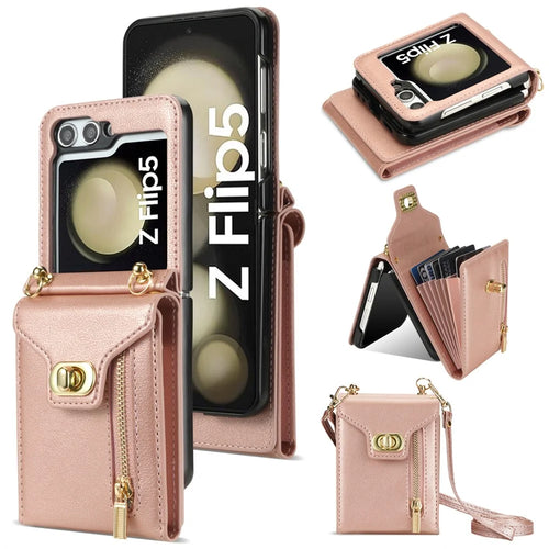 For Samsung Galaxy Z Flip6 5G / Flip7 FE 5G Case Zipper Wallet Design PU PC Phone Cover with Long Strap - Rose Gold - 1