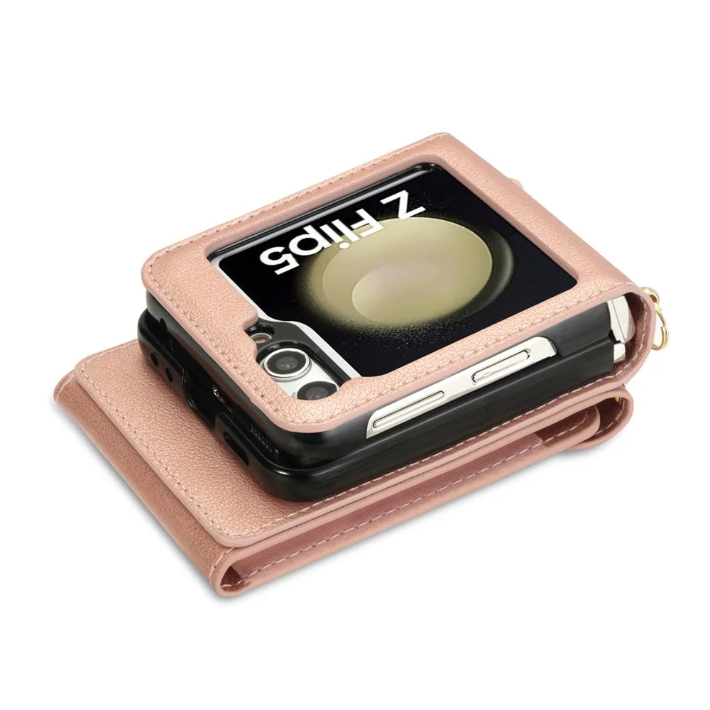 For Samsung Galaxy Z Flip6 5G / Flip7 FE 5G Case Zipper Wallet Design PU PC Phone Cover with Long Strap - Rose Gold - 2
