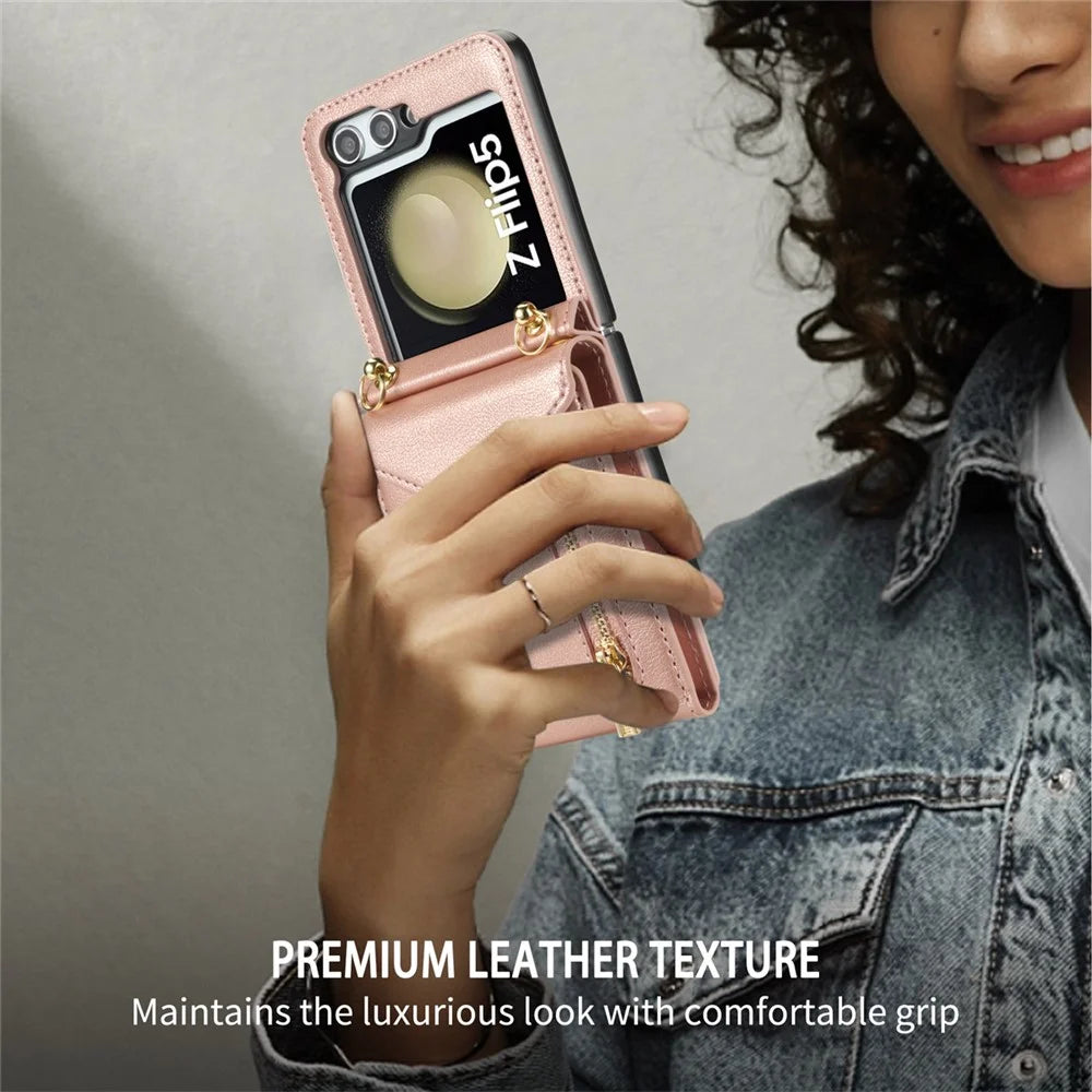 For Samsung Galaxy Z Flip6 5G / Flip7 FE 5G Case Zipper Wallet Design PU PC Phone Cover with Long Strap - Rose Gold - 5