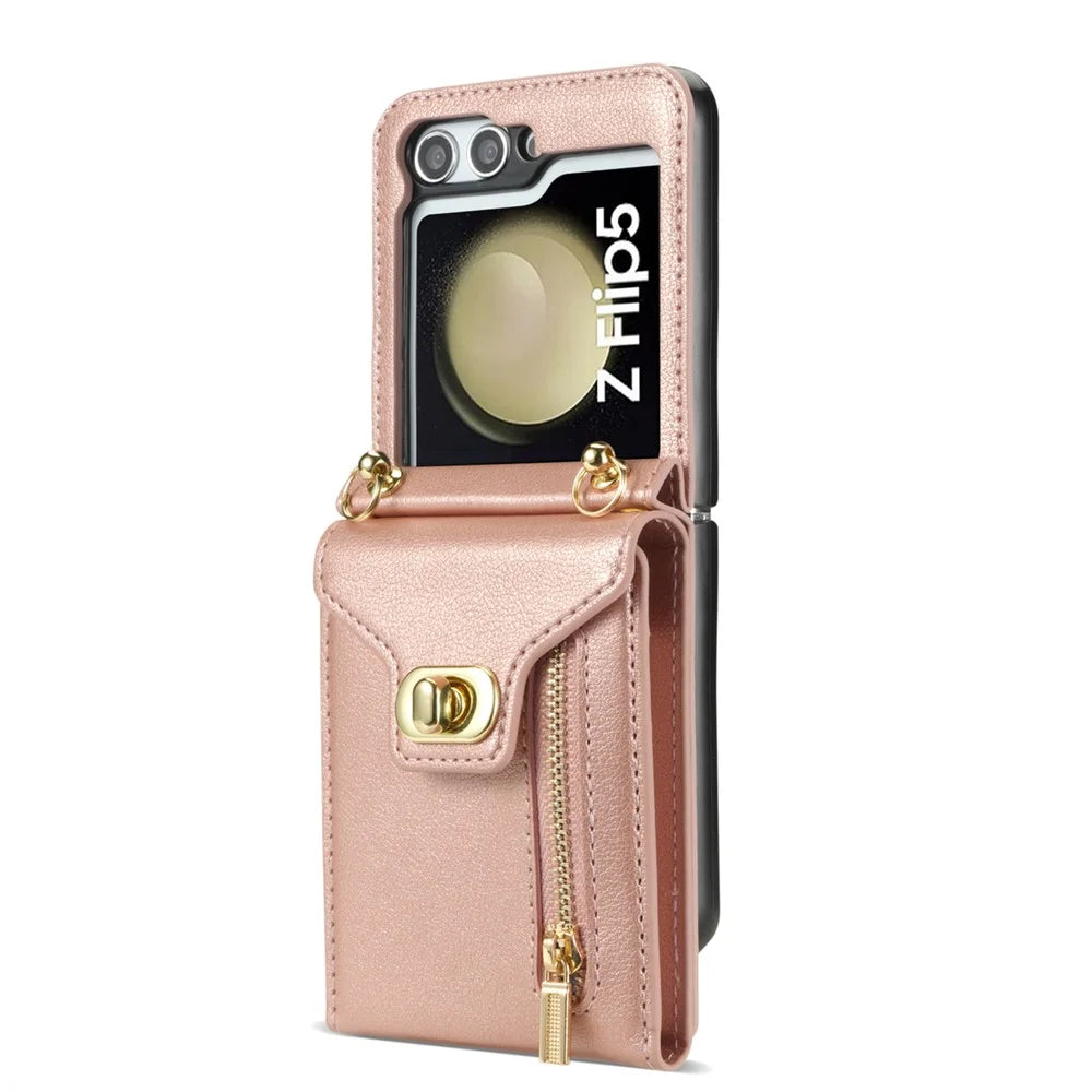 For Samsung Galaxy Z Flip6 5G / Flip7 FE 5G Case Zipper Wallet Design PU PC Phone Cover with Long Strap - Rose Gold - 7