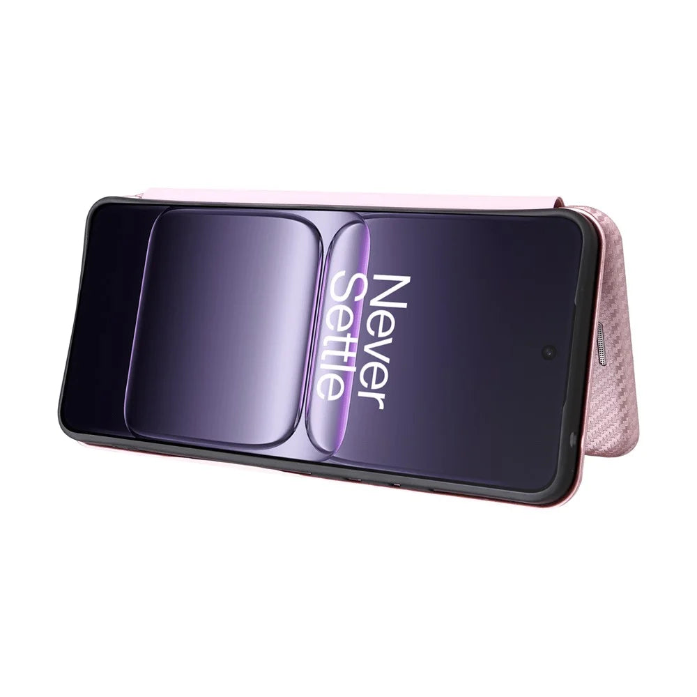 For OnePlus Ace 5 Racing 5G / Nord CE5 5G Case Carbon Fiber Texture Drop-Proof PU Leather Phone Cover - Rose Gold - 4