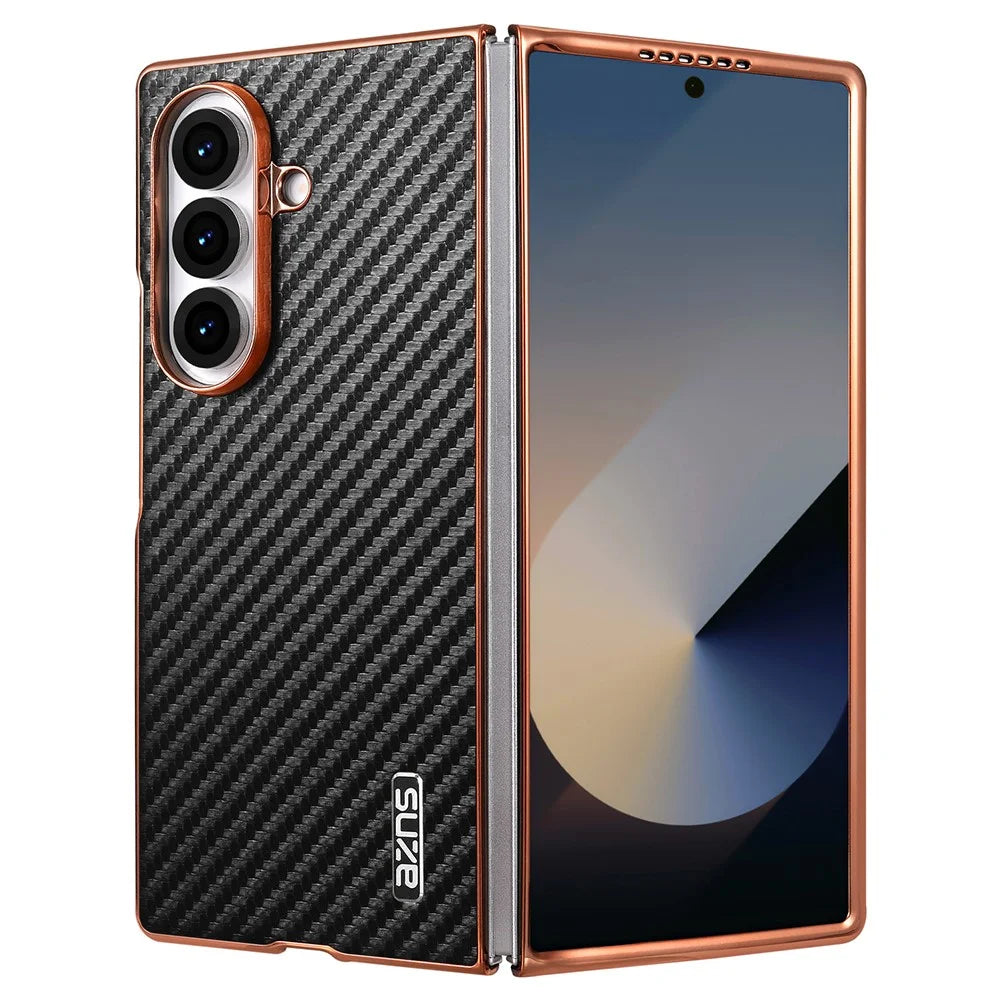 AZNS For Samsung Galaxy Z Fold7 5G Case Electroplating Carbon Fiber Texture PU+PC Phone Cover - Black - 1