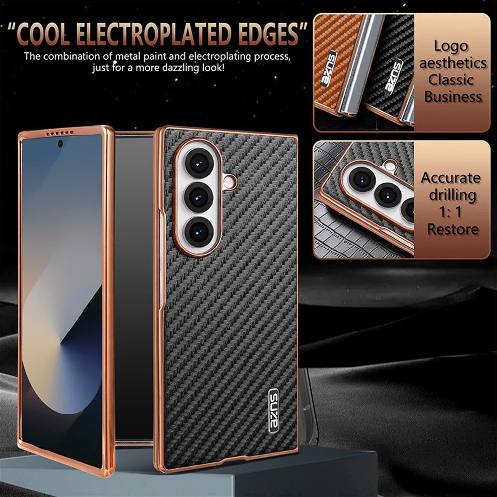 AZNS For Samsung Galaxy Z Fold7 5G Case Electroplating Carbon Fiber Texture PU+PC Phone Cover - Black - 5