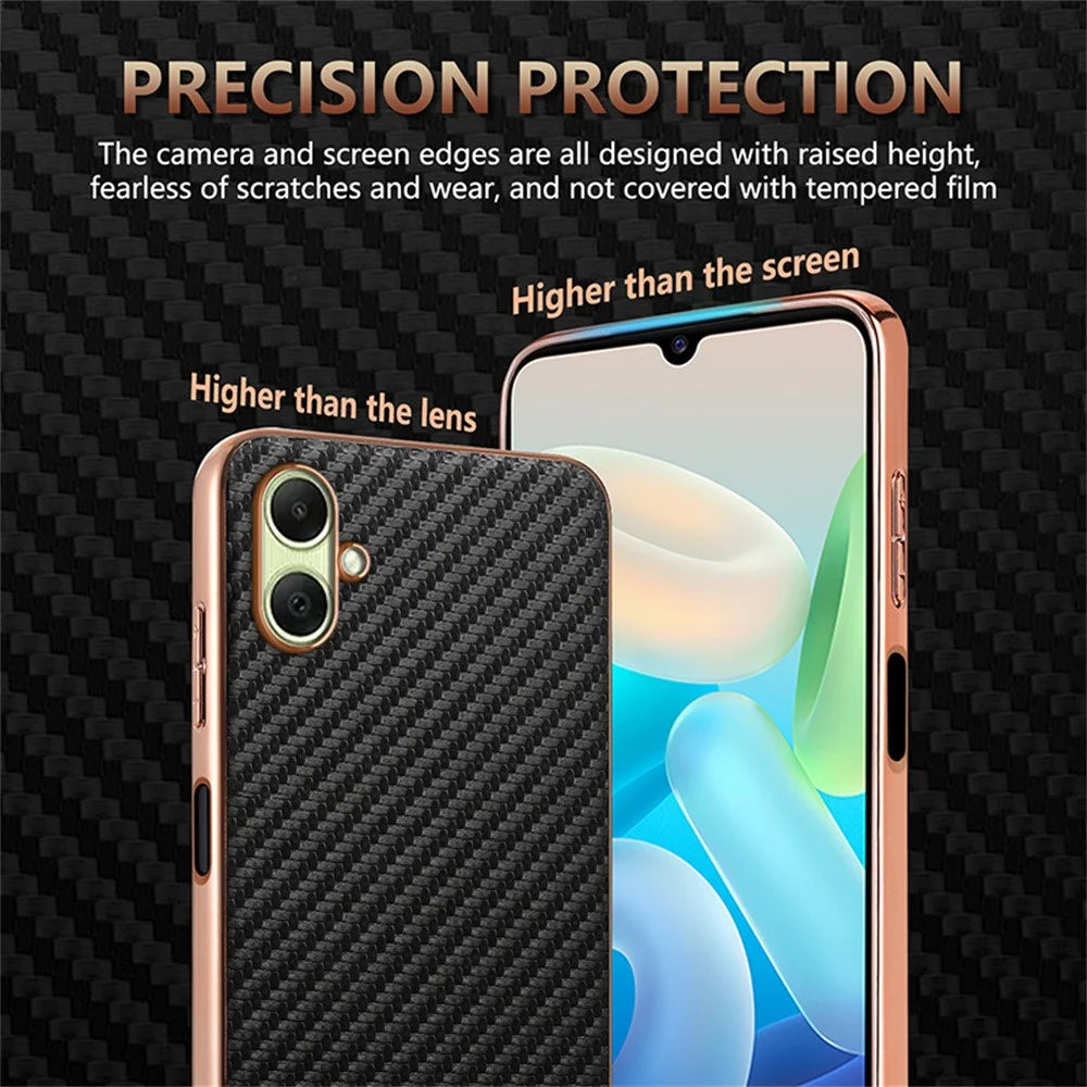 AZNS For Samsung Galaxy A08 5G / A08 4G / A07 5G / A07 4G Case Electroplating Carbon Fiber Texture PU + TPU Phone Cover - Black - 4