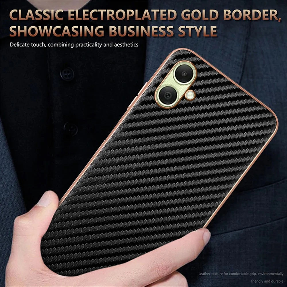 AZNS For Samsung Galaxy A08 5G / A08 4G / A07 5G / A07 4G Case Electroplating Carbon Fiber Texture PU + TPU Phone Cover - Black - 5