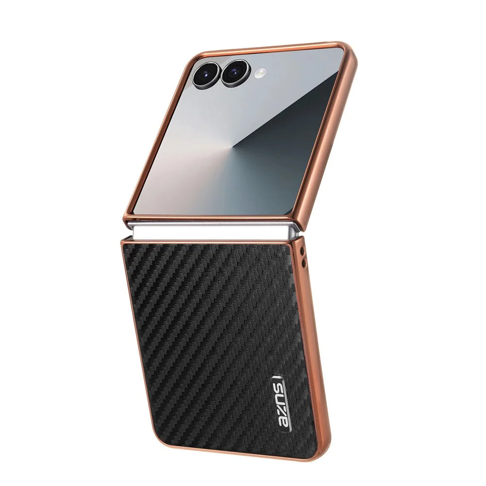 AZNS For Samsung Galaxy Z Flip7 5G Case Electroplating Carbon Fiber Texture PU+PC Phone Cover - Black - 3