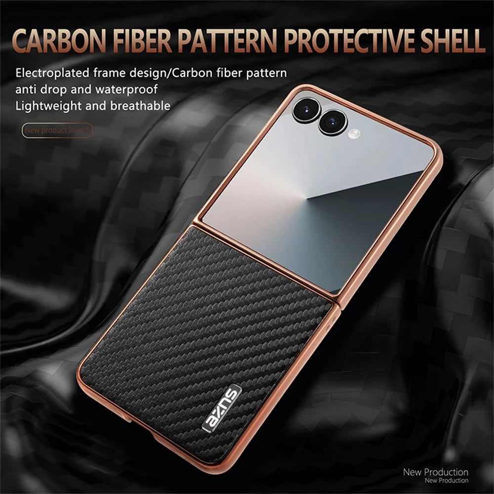 AZNS For Samsung Galaxy Z Flip7 5G Case Electroplating Carbon Fiber Texture PU+PC Phone Cover - Black - 4