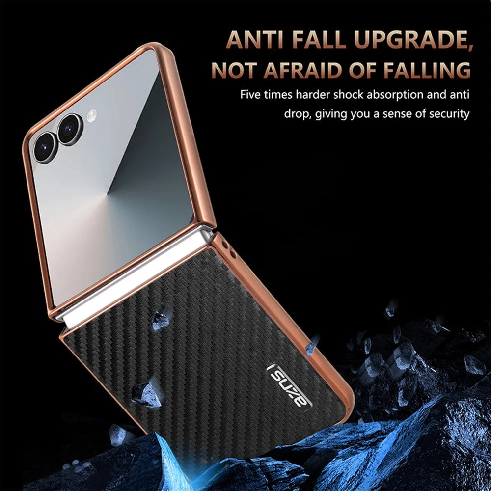 AZNS For Samsung Galaxy Z Flip7 5G Case Electroplating Carbon Fiber Texture PU+PC Phone Cover - Black - 6