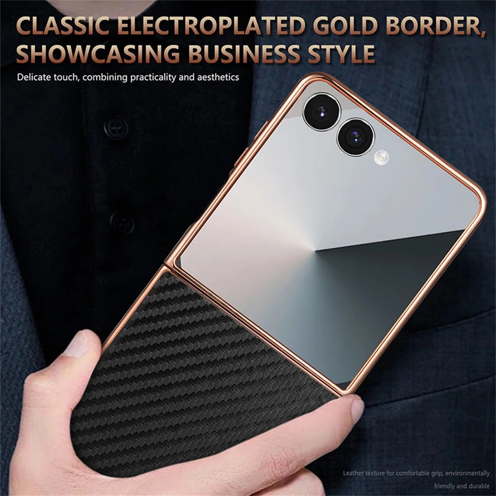 AZNS For Samsung Galaxy Z Flip7 5G Case Electroplating Carbon Fiber Texture PU+PC Phone Cover - Black - 7