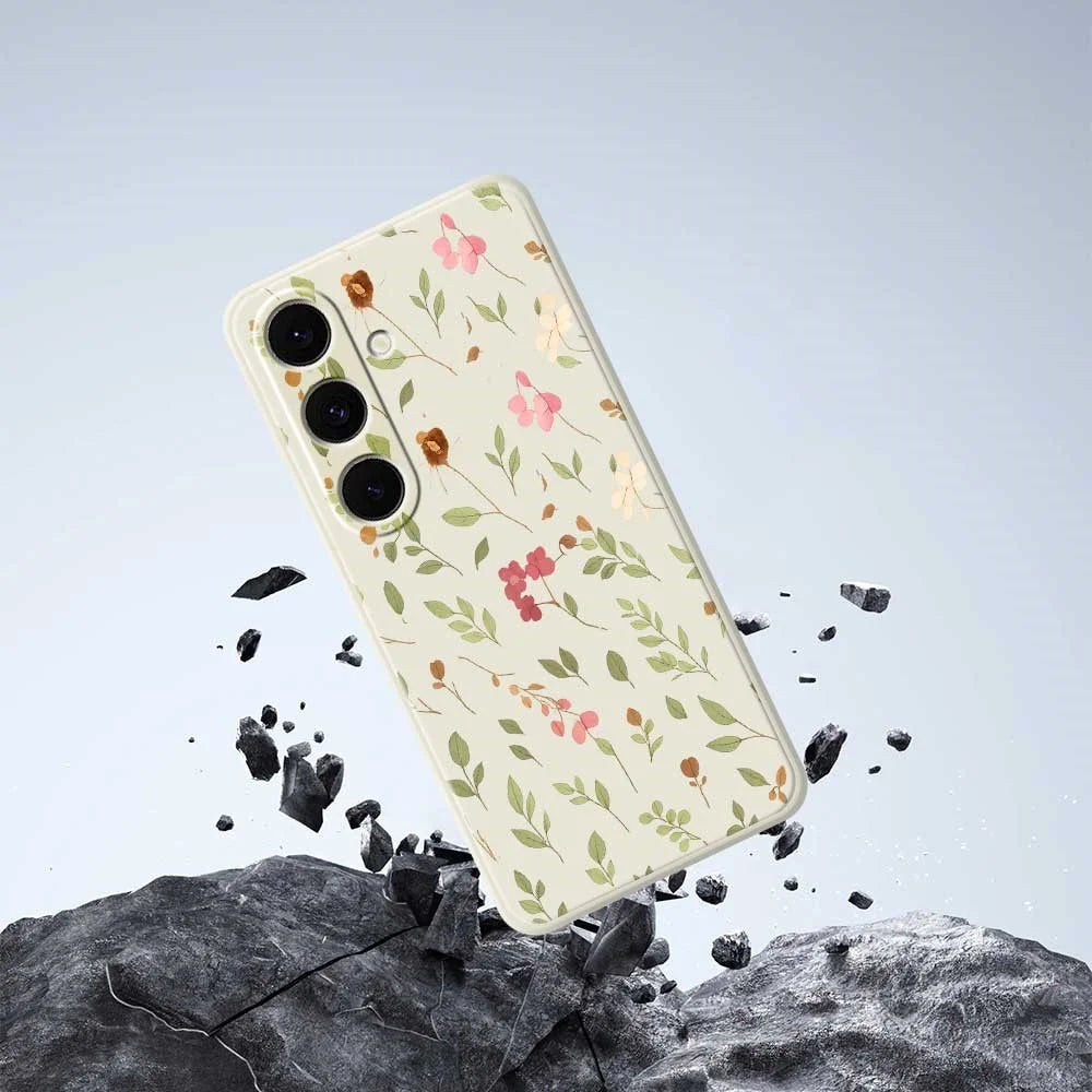 For Samsung Galaxy S24 FE Case Small Flower Leaves Pattern Printing Straight Edge TPU Phone Back Cover - Beige - 5