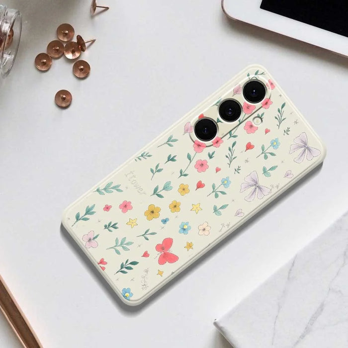 For Samsung Galaxy S24 FE Case Floral Bow Pattern Printing Straight Edge TPU Phone Back Cover - Beige - 6