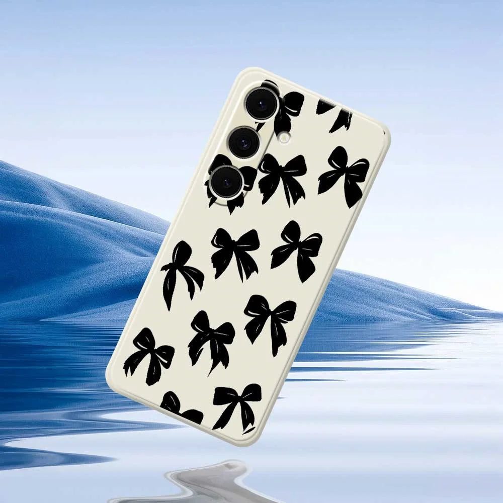 For Samsung Galaxy S24 FE Case Black Bow Pattern Printing Straight Edge TPU Phone Back Cover - Beige - 6