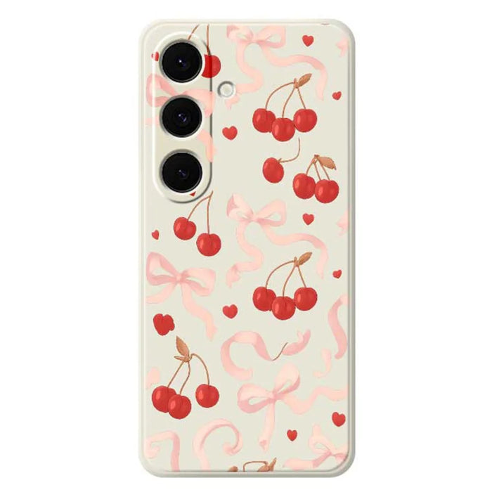 For Samsung Galaxy S24 FE Case Big Bow Cherry Pattern Printing Straight Edge TPU Phone Back Cover - Beige - 1