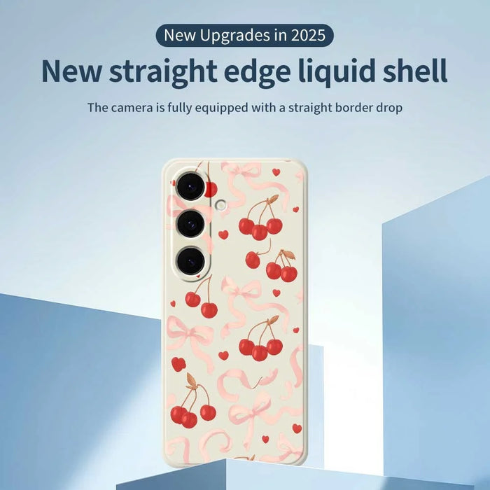 For Samsung Galaxy S24 FE Case Big Bow Cherry Pattern Printing Straight Edge TPU Phone Back Cover - Beige - 3