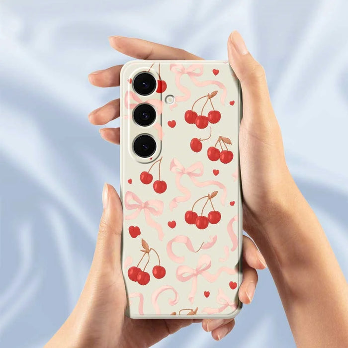 For Samsung Galaxy S24 FE Case Big Bow Cherry Pattern Printing Straight Edge TPU Phone Back Cover - Beige - 5
