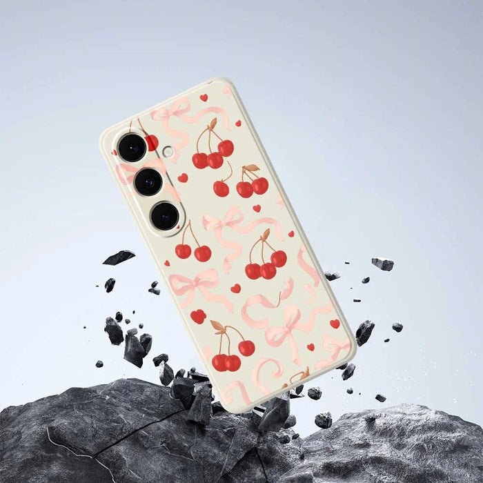 For Samsung Galaxy S24 FE Case Big Bow Cherry Pattern Printing Straight Edge TPU Phone Back Cover - Beige - 6