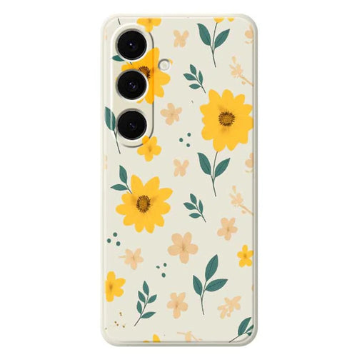 For Samsung Galaxy S24 FE Case Yellow Floral and Leaves Pattern Printing Straight Edge TPU Phone Back Cover - Beige - 1