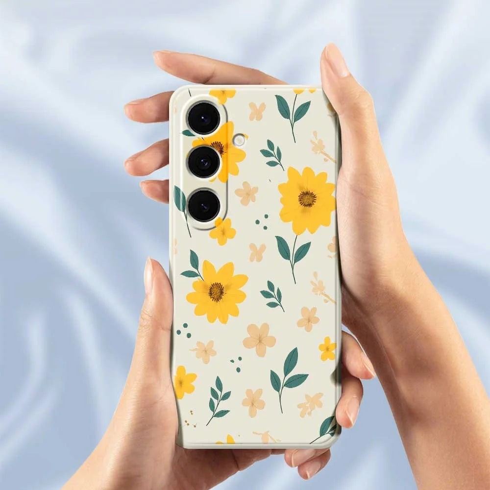 For Samsung Galaxy S24 FE Case Yellow Floral and Leaves Pattern Printing Straight Edge TPU Phone Back Cover - Beige - 5