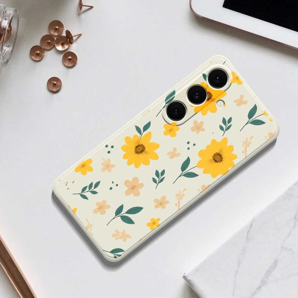 For Samsung Galaxy S24 FE Case Yellow Floral and Leaves Pattern Printing Straight Edge TPU Phone Back Cover - Beige - 7