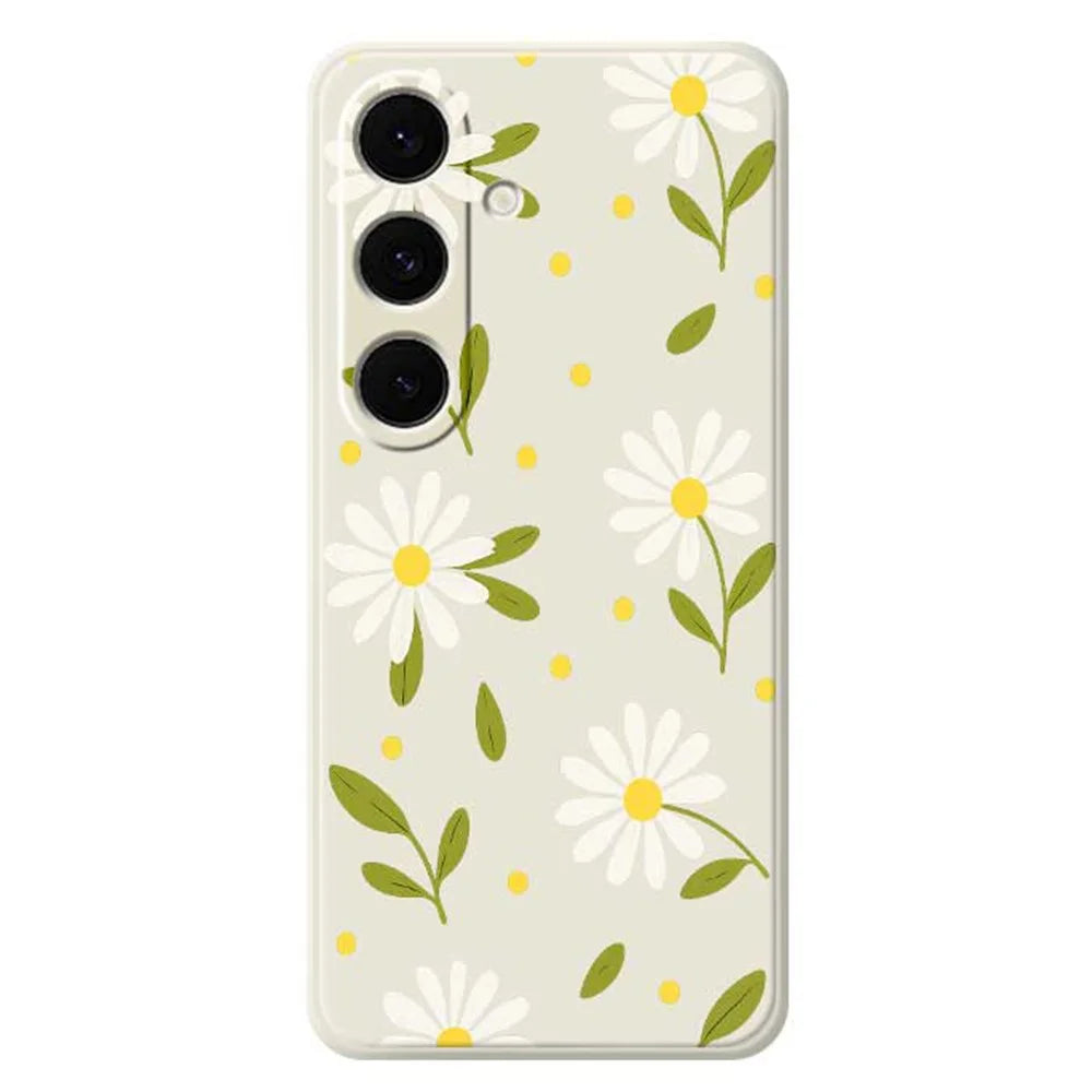 For Samsung Galaxy S24 FE Case White Flowers Green Leaves Pattern Printing Straight Edge TPU Phone Back Cover - Beige - 1