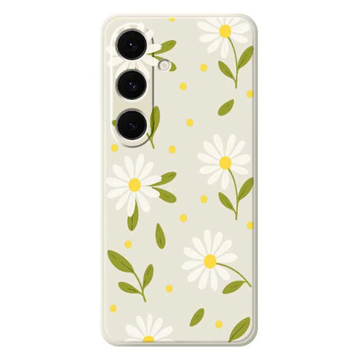 For Samsung Galaxy S24 FE Case White Flowers Green Leaves Pattern Printing Straight Edge TPU Phone Back Cover - Beige - 1