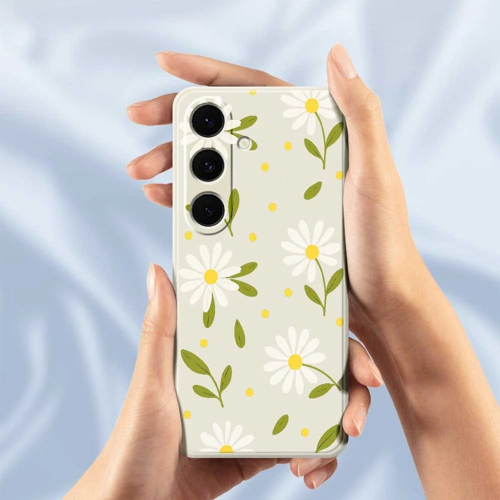 For Samsung Galaxy S24 FE Case White Flowers Green Leaves Pattern Printing Straight Edge TPU Phone Back Cover - Beige - 5