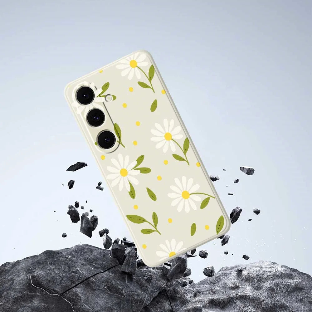For Samsung Galaxy S24 FE Case White Flowers Green Leaves Pattern Printing Straight Edge TPU Phone Back Cover - Beige - 6