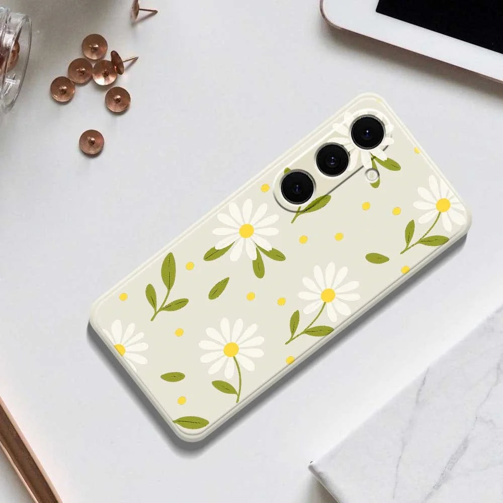 For Samsung Galaxy S24 FE Case White Flowers Green Leaves Pattern Printing Straight Edge TPU Phone Back Cover - Beige - 7