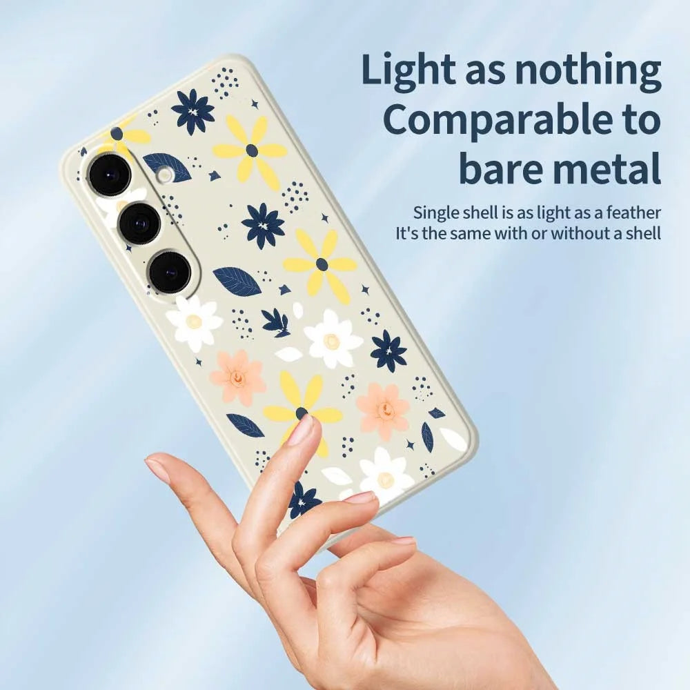 For Samsung Galaxy S24 FE Case Colorful Floral Blue Leaves Pattern Printing Straight Edge TPU Phone Back Cover - Beige - 4