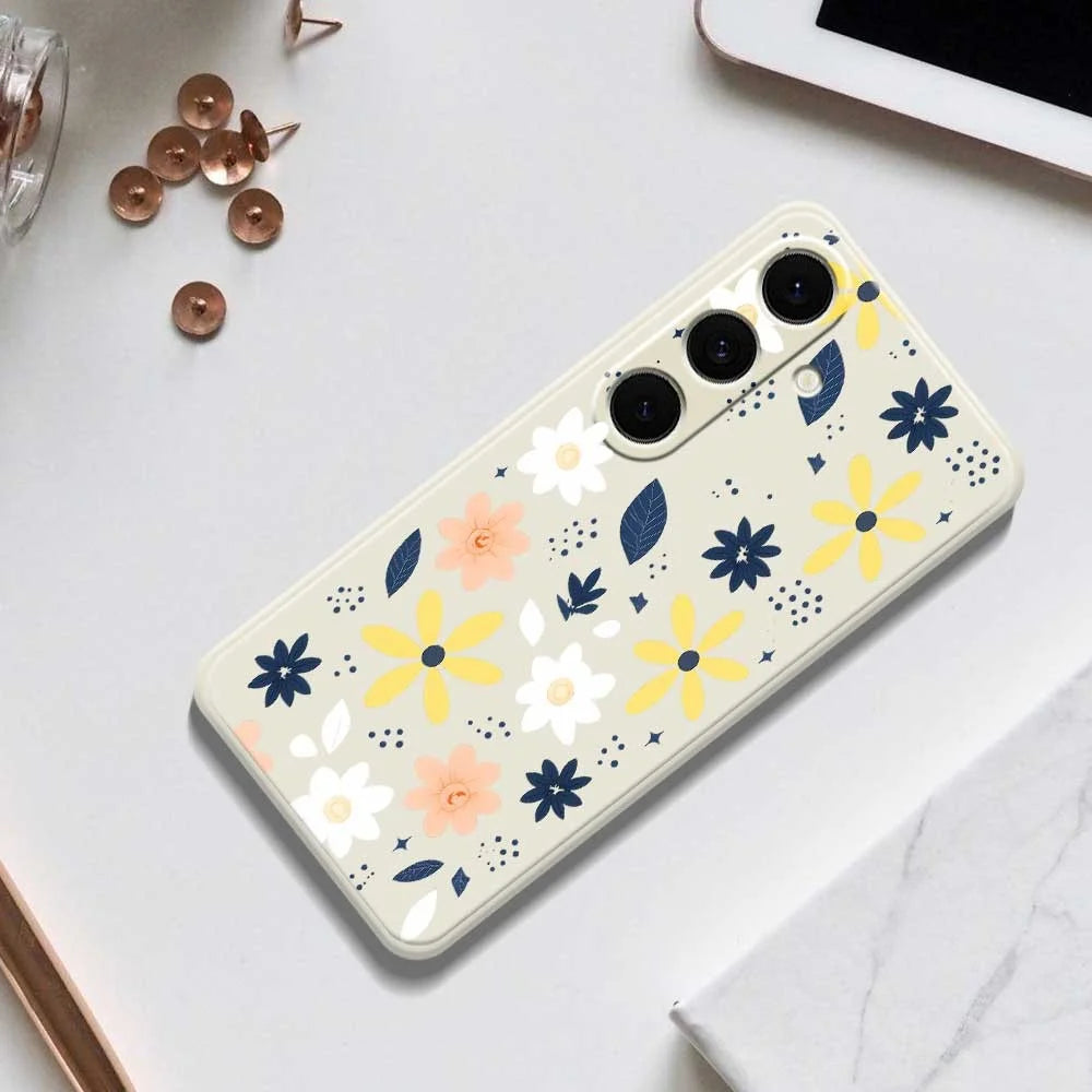 For Samsung Galaxy S24 FE Case Colorful Floral Blue Leaves Pattern Printing Straight Edge TPU Phone Back Cover - Beige - 7