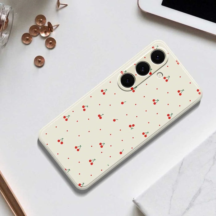 For Samsung Galaxy S24 FE Case Red Cherry Pattern Printing Straight Edge TPU Phone Back Cover - Beige - 7